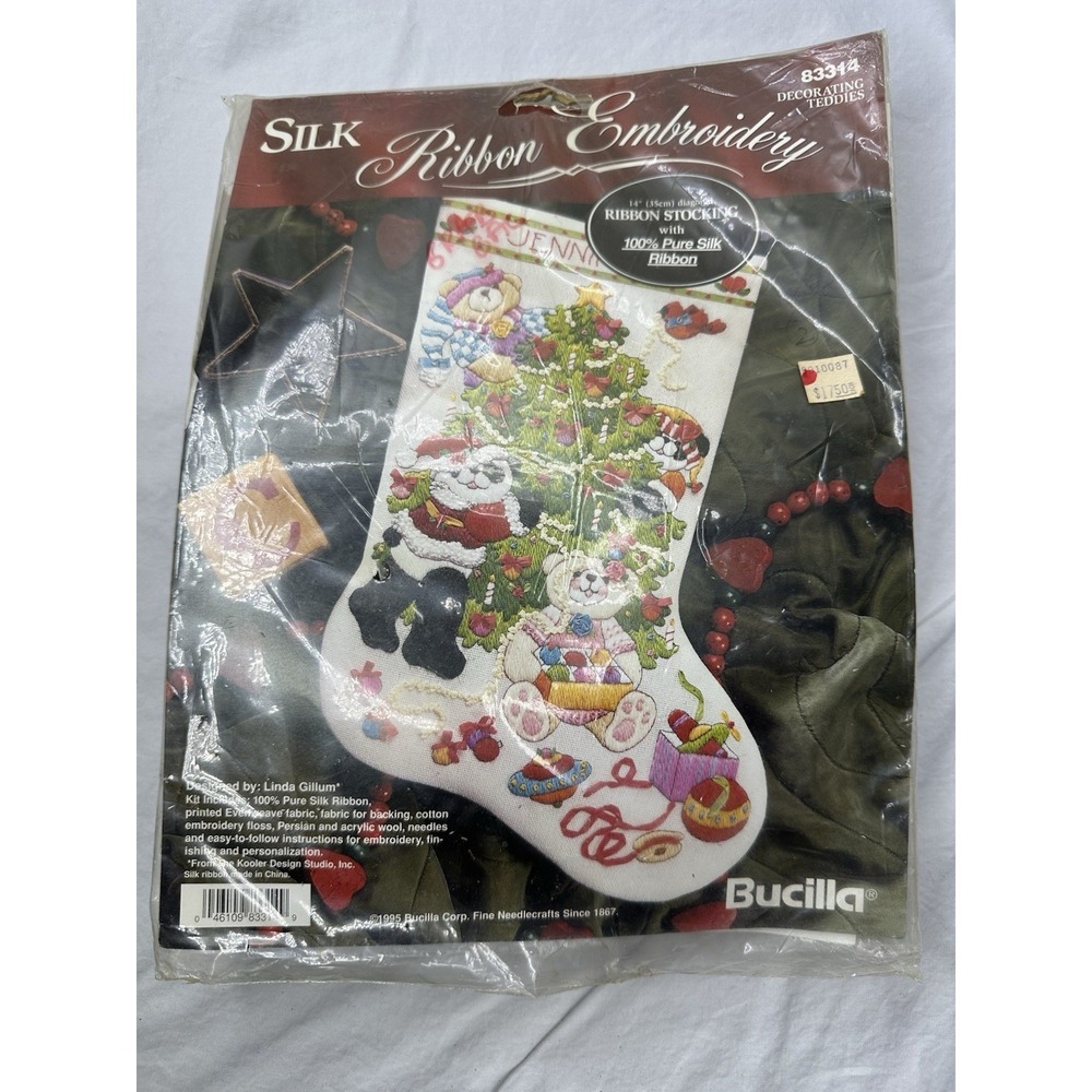 New Bucilla 83314 Silk Ribbon Embroidery Christmas Stocking Decorating Teddies
